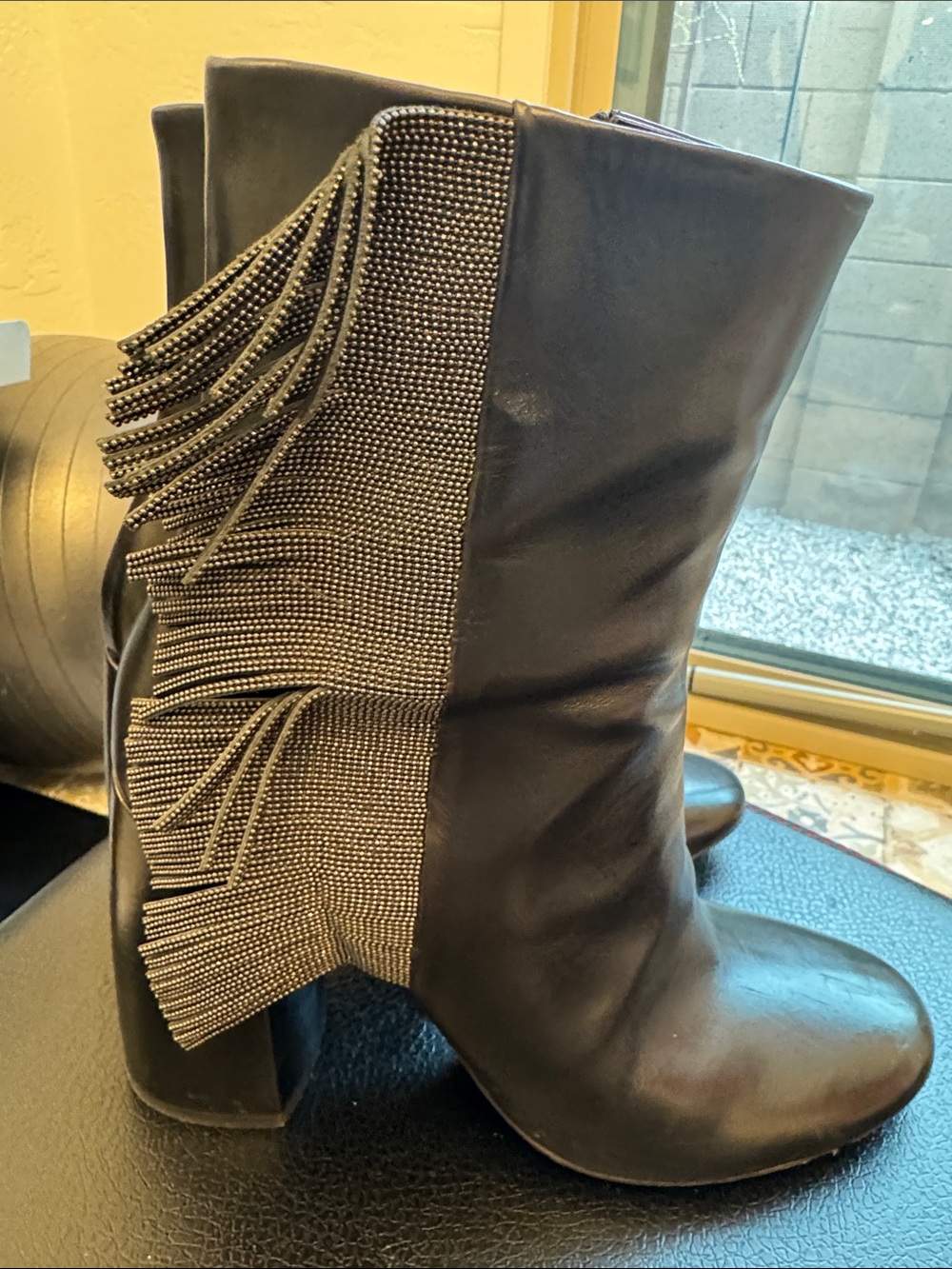 Brunello Cucinelli Black Leather Fringe Ankle Boots